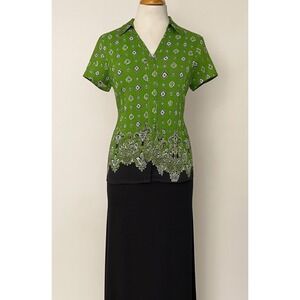 Vintage 90s‎ APT 9 Womens Green Paisley Crinkled Collared Button Top sz XL Retro
